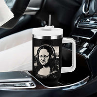 Funny Mona Lisa Wearing Headphones Bass Face Meme Tumbler With Handle Funny Classical Fine Art Parody Music Producer Graphic