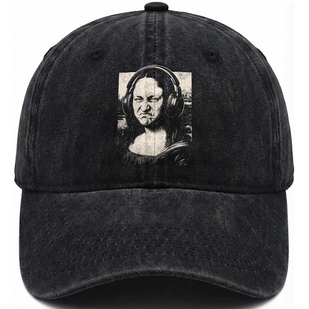 Funny Mona Lisa Wearing Headphones Bass Face Meme Washed Cotton Baseball Cap Funny Classical Fine Art Parody Music Producer Graphic