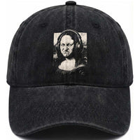 Funny Mona Lisa Wearing Headphones Bass Face Meme Washed Cotton Baseball Cap Funny Classical Fine Art Parody Music Producer Graphic