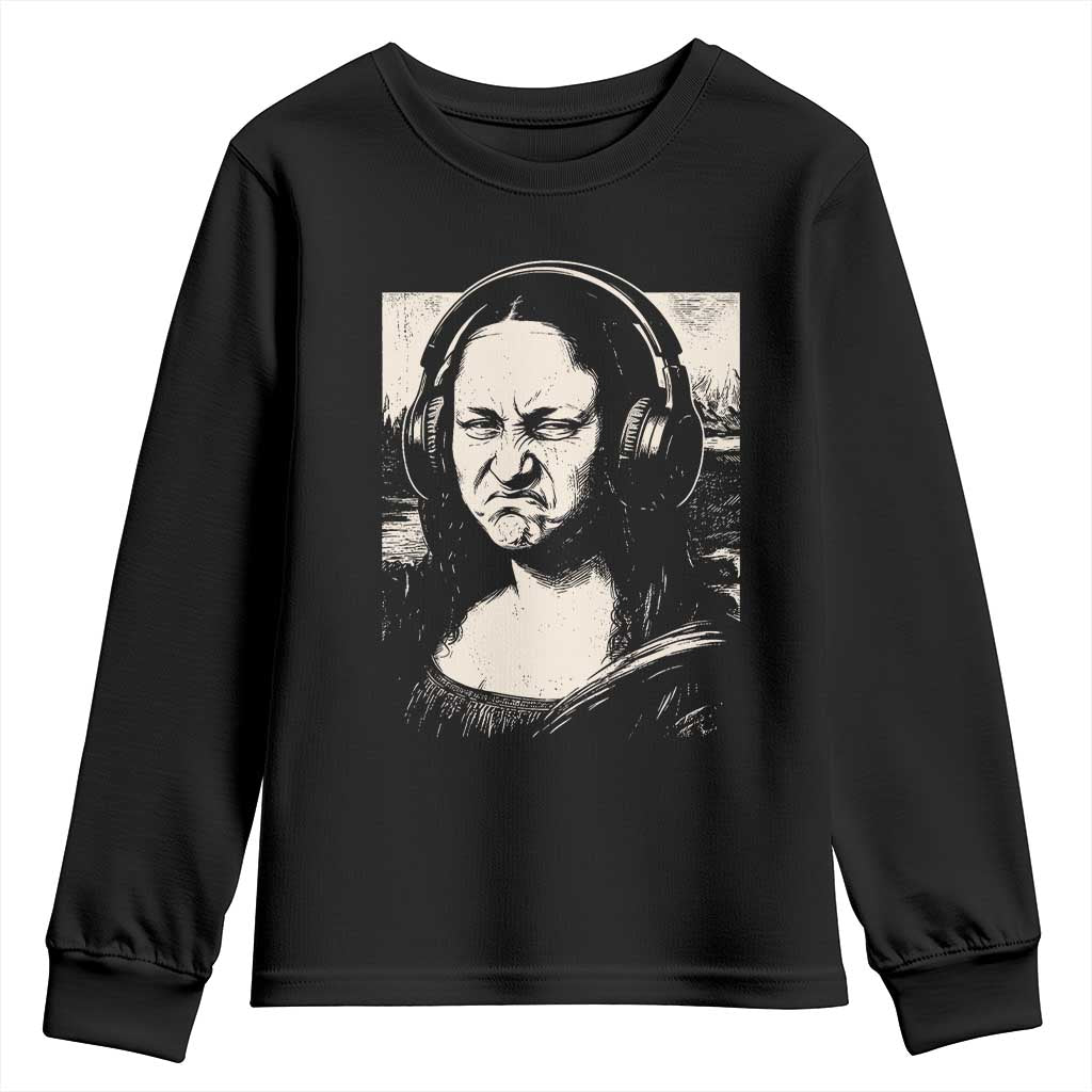 Funny Mona Lisa Wearing Headphones Bass Face Meme Youth Sweatshirt Funny Classical Fine Art Parody Music Producer Graphic