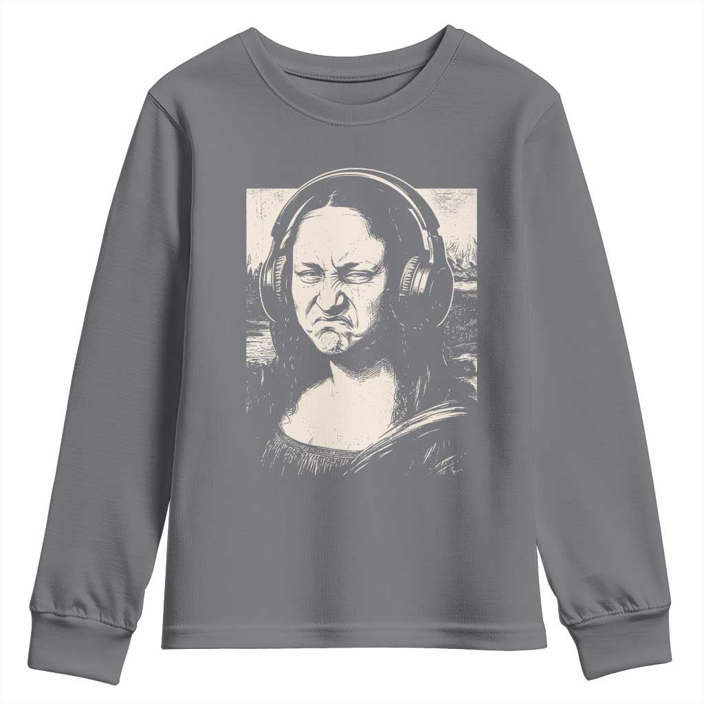 Funny Mona Lisa Wearing Headphones Bass Face Meme Youth Sweatshirt Funny Classical Fine Art Parody Music Producer Graphic