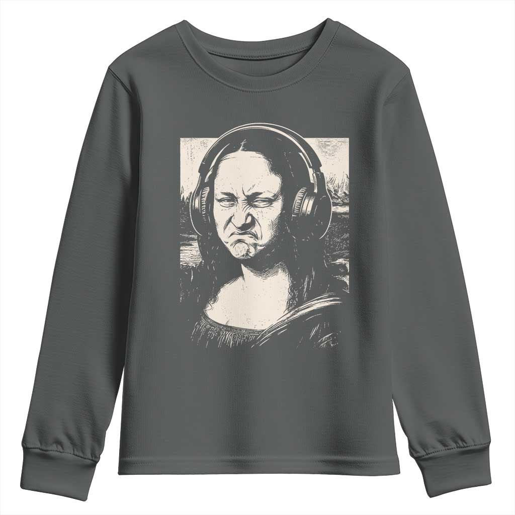 Funny Mona Lisa Wearing Headphones Bass Face Meme Youth Sweatshirt Funny Classical Fine Art Parody Music Producer Graphic