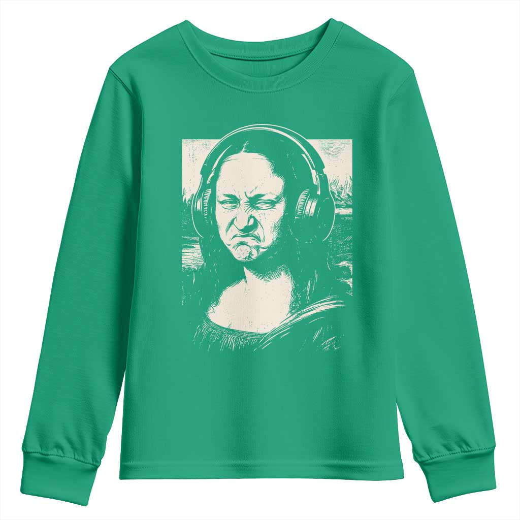 Funny Mona Lisa Wearing Headphones Bass Face Meme Youth Sweatshirt Funny Classical Fine Art Parody Music Producer Graphic