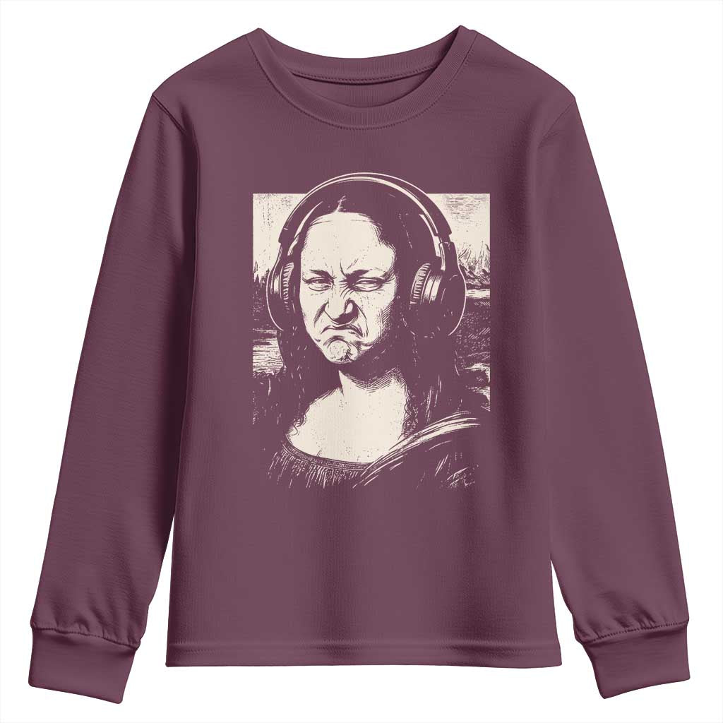 Funny Mona Lisa Wearing Headphones Bass Face Meme Youth Sweatshirt Funny Classical Fine Art Parody Music Producer Graphic