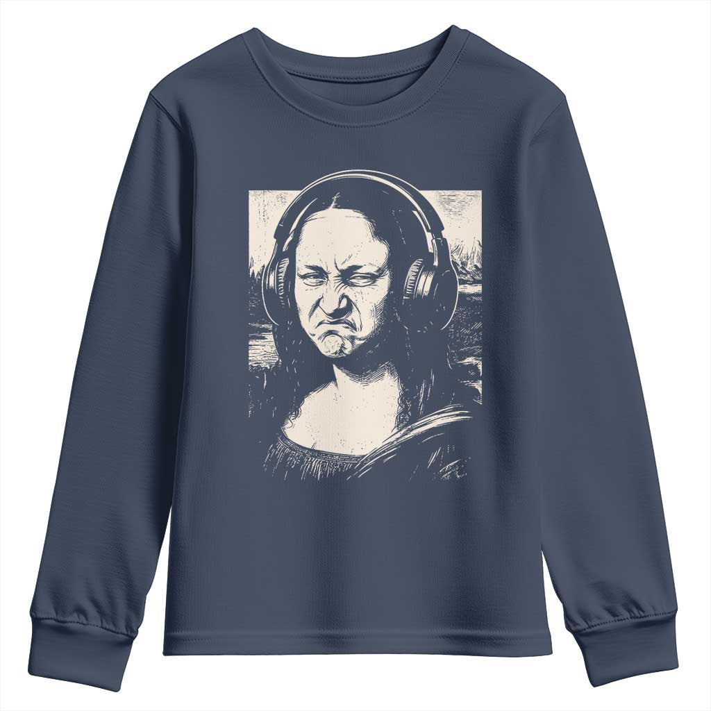 Funny Mona Lisa Wearing Headphones Bass Face Meme Youth Sweatshirt Funny Classical Fine Art Parody Music Producer Graphic