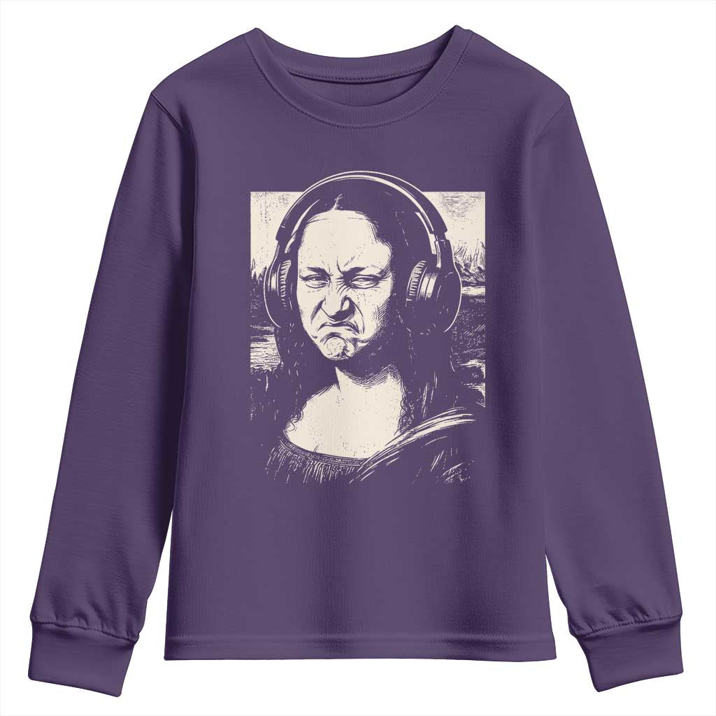 Funny Mona Lisa Wearing Headphones Bass Face Meme Youth Sweatshirt Funny Classical Fine Art Parody Music Producer Graphic
