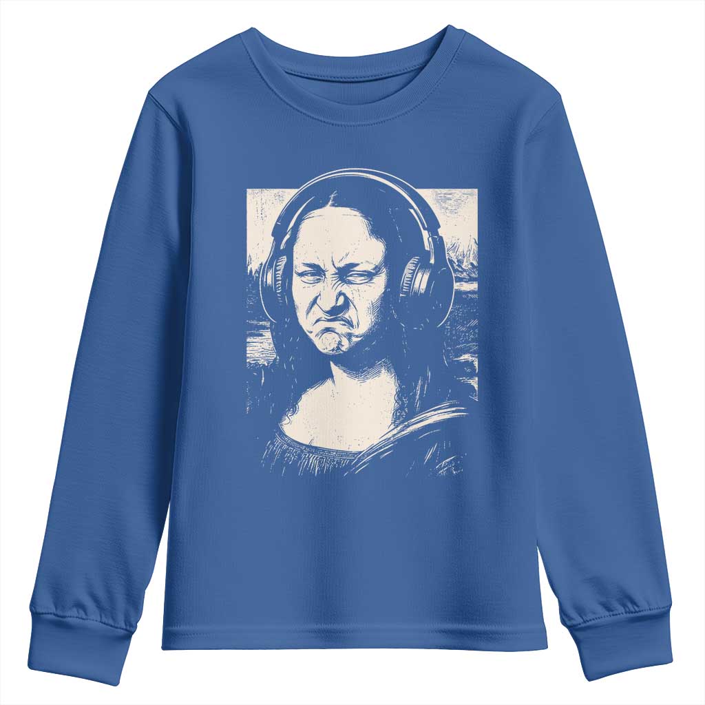 Funny Mona Lisa Wearing Headphones Bass Face Meme Youth Sweatshirt Funny Classical Fine Art Parody Music Producer Graphic