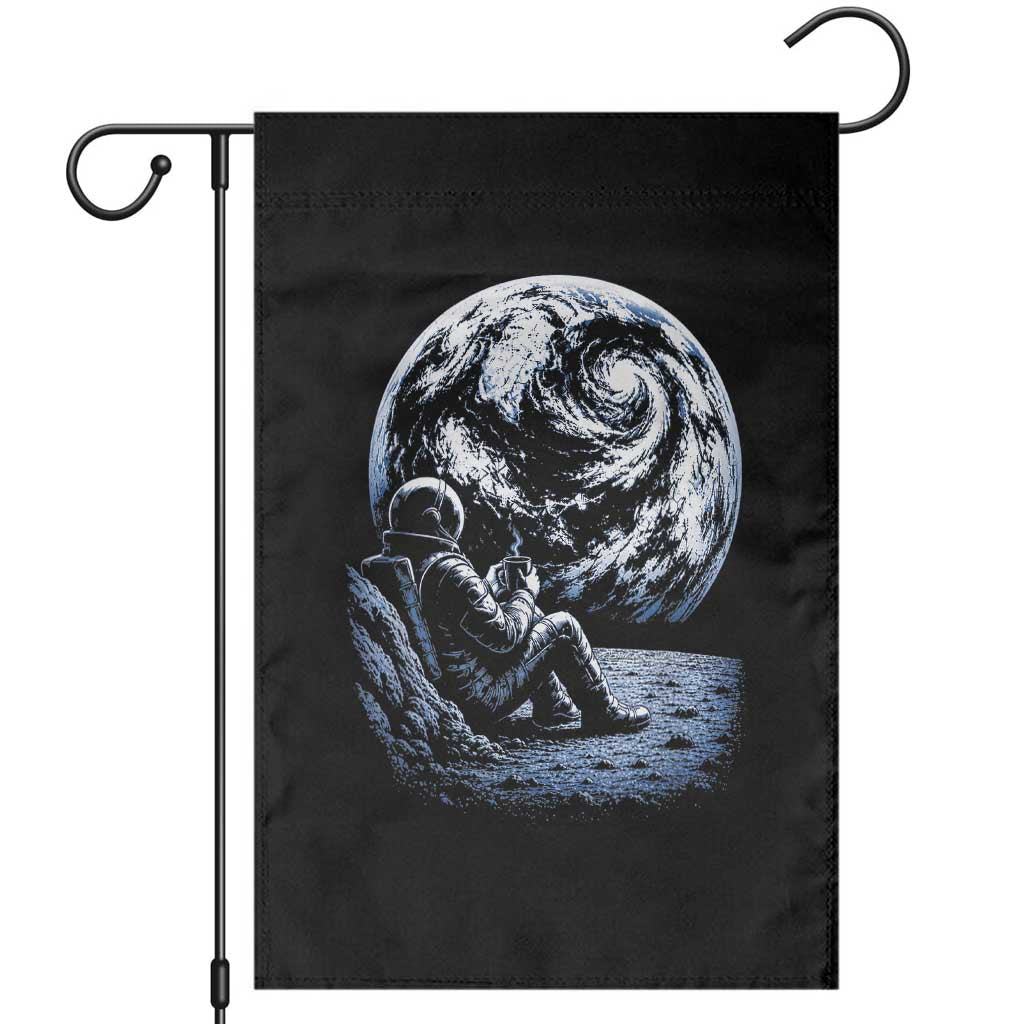Astronaut Drinking Coffee On The Moon Graphic Garden Flag Vintage Sci Fi Earth Horizon Space Explorer