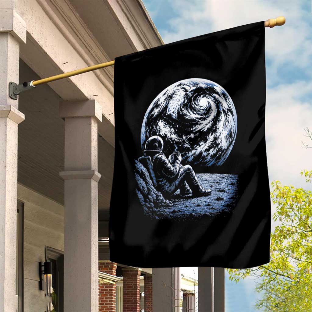 Astronaut Drinking Coffee On The Moon Graphic Garden Flag Vintage Sci Fi Earth Horizon Space Explorer