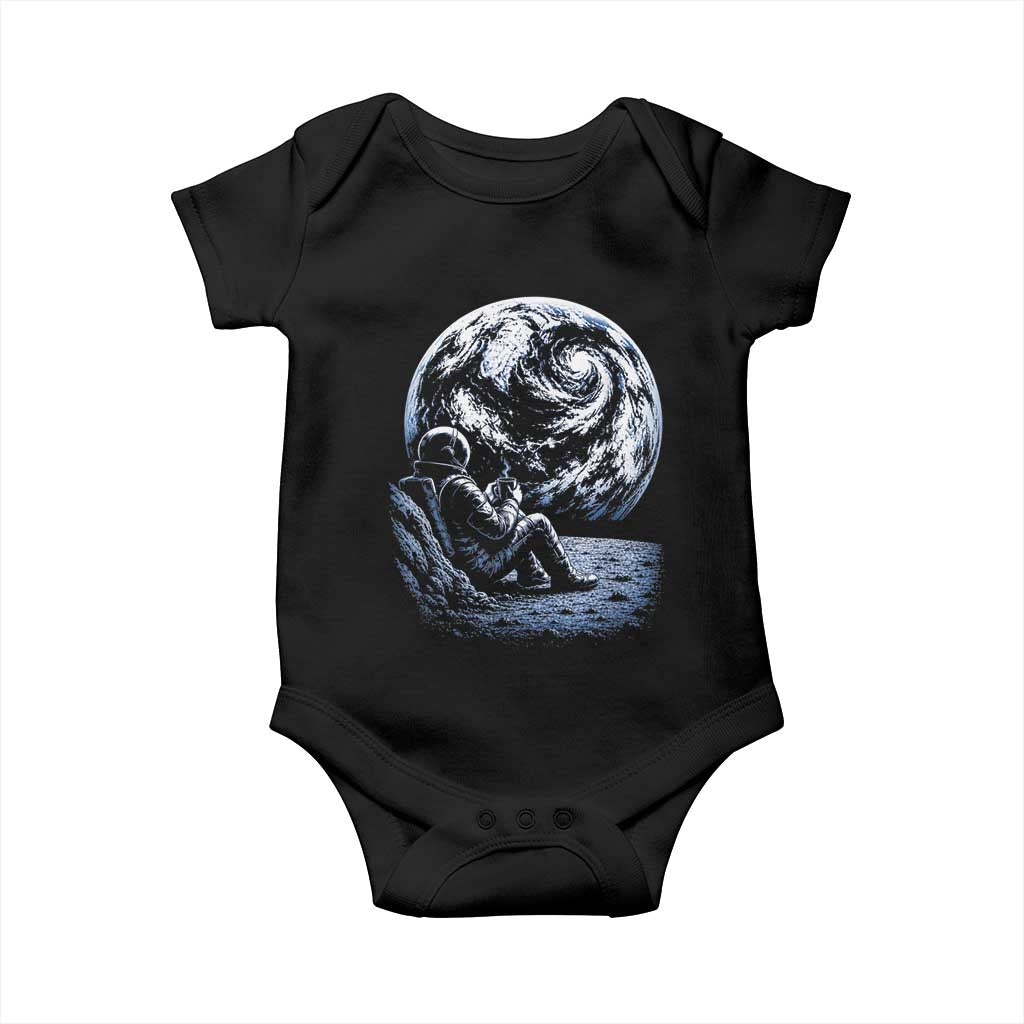 Astronaut Drinking Coffee On The Moon Graphic Baby Onesie Vintage Sci Fi Earth Horizon Space Explorer