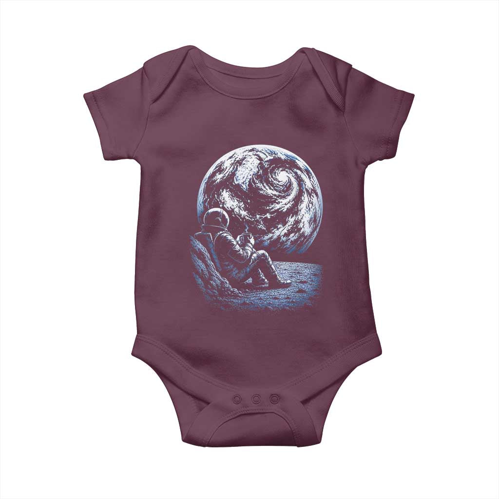 Astronaut Drinking Coffee On The Moon Graphic Baby Onesie Vintage Sci Fi Earth Horizon Space Explorer