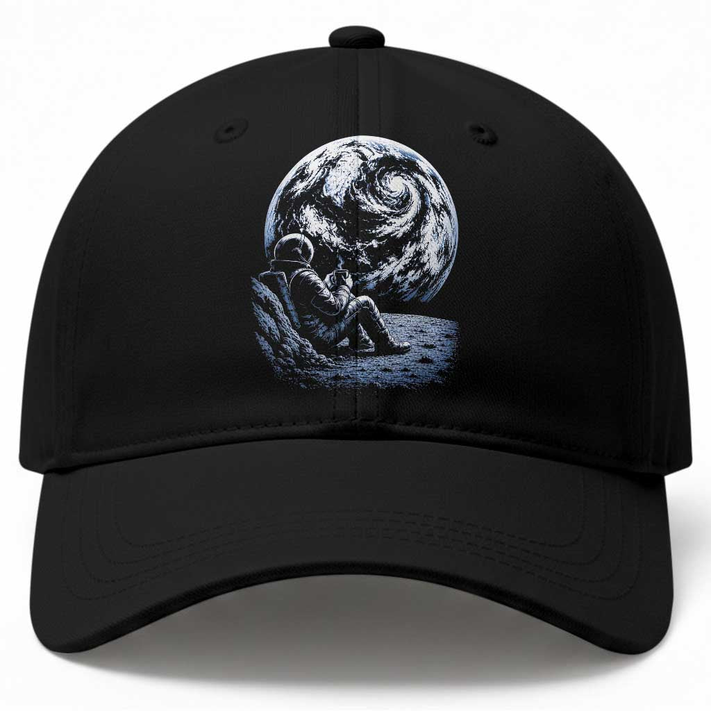 Astronaut Drinking Coffee On The Moon Graphic Baseball Cap Vintage Sci Fi Earth Horizon Space Explorer