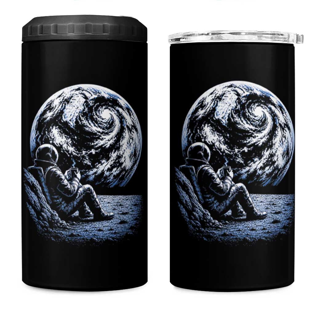 Astronaut Drinking Coffee On The Moon Graphic 4 in 1 Can Cooler Tumbler Vintage Sci Fi Earth Horizon Space Explorer