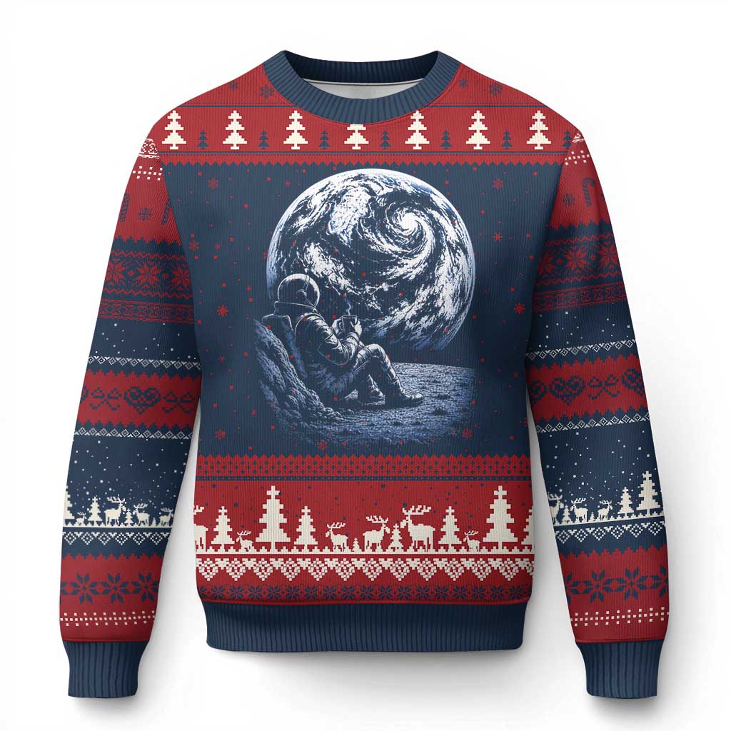 Astronaut Drinking Coffee On The Moon Graphic Ugly Christmas Sweater Vintage Sci Fi Earth Horizon Space Explorer