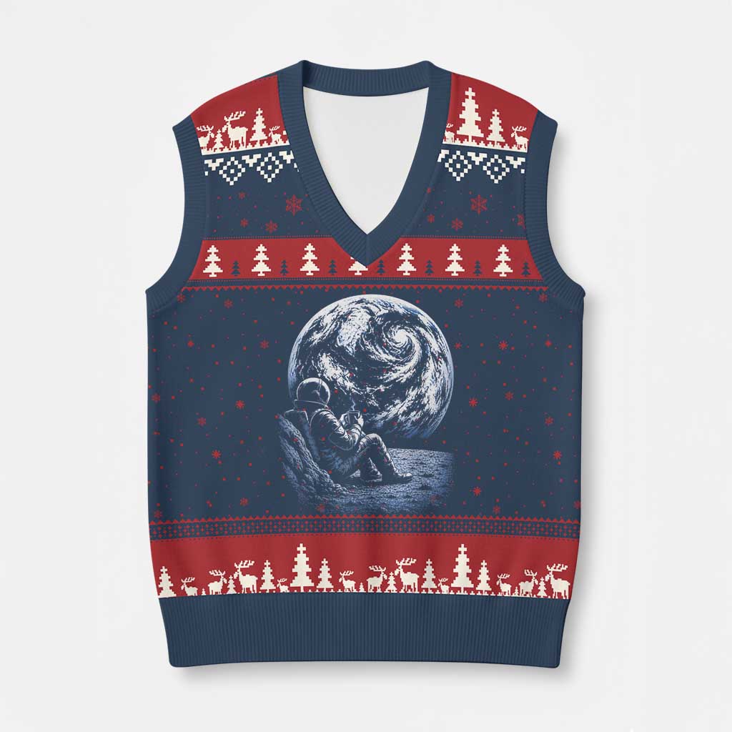 Astronaut Drinking Coffee On The Moon Graphic V-Neck Knit Sweater Vest Vintage Sci Fi Earth Horizon Space Explorer