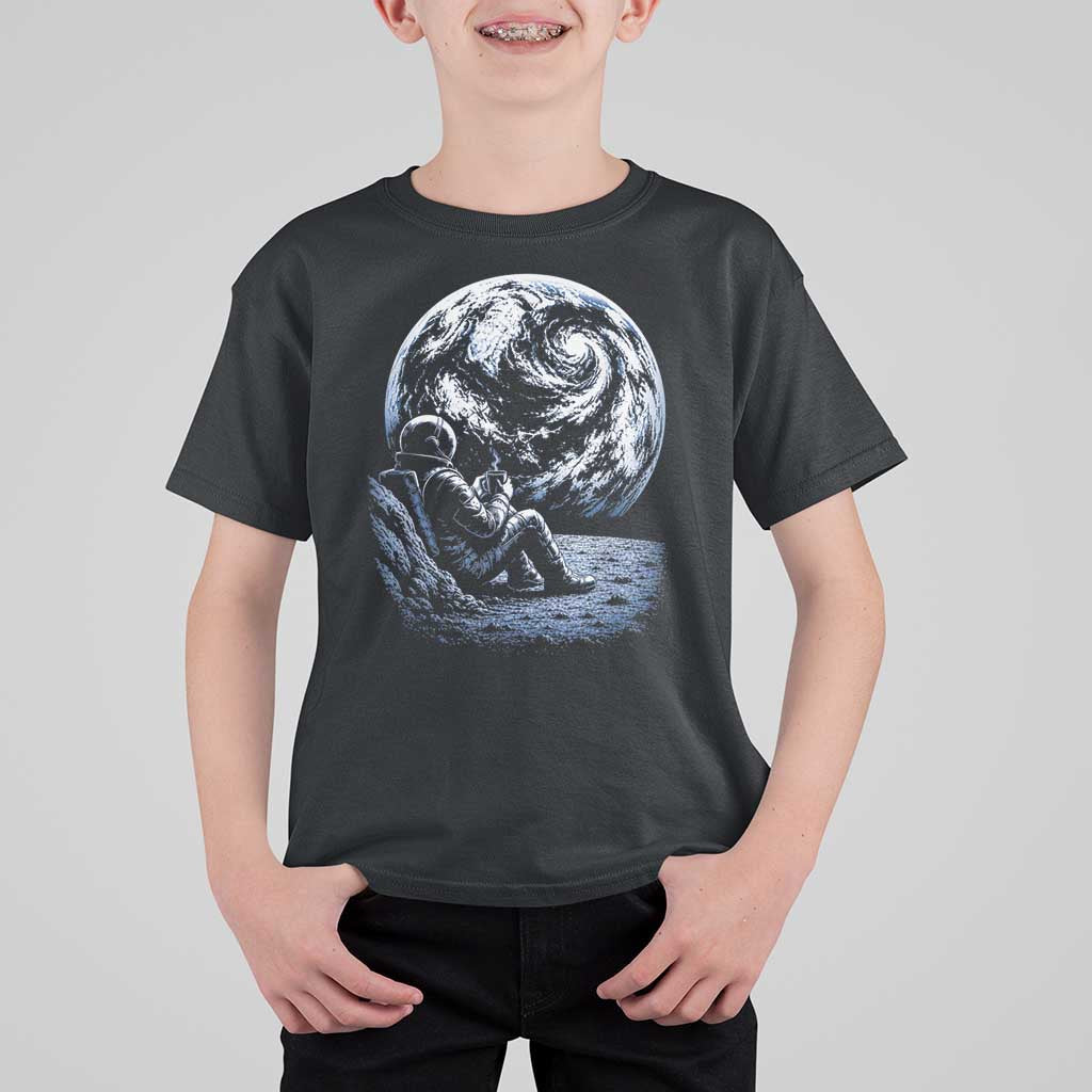 Astronaut Drinking Coffee On The Moon Graphic T Shirt For Kid Vintage Sci Fi Earth Horizon Space Explorer