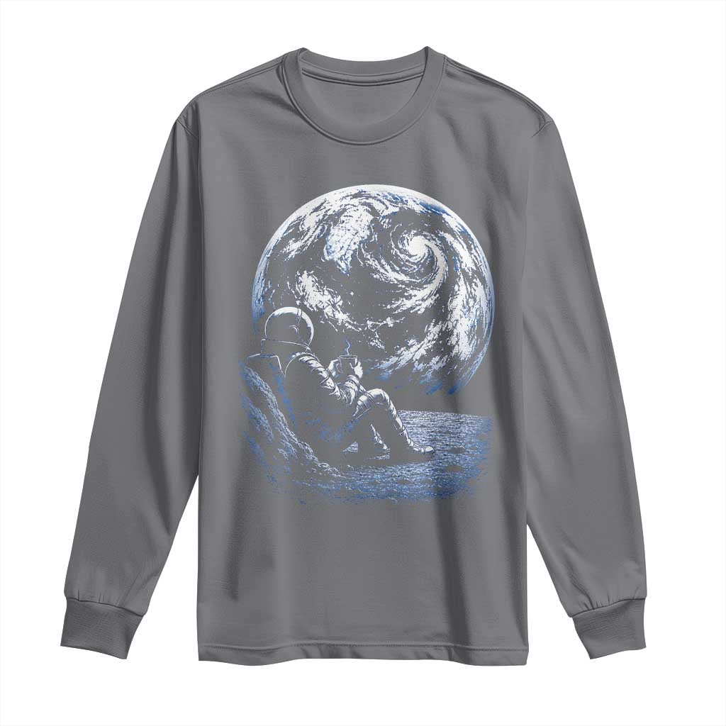 Astronaut Drinking Coffee On The Moon Graphic Long Sleeve Shirt Vintage Sci Fi Earth Horizon Space Explorer