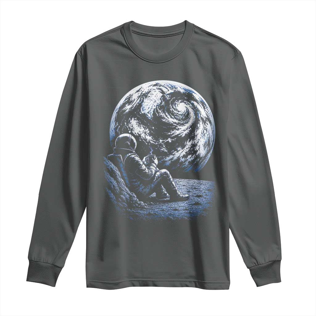 Astronaut Drinking Coffee On The Moon Graphic Long Sleeve Shirt Vintage Sci Fi Earth Horizon Space Explorer