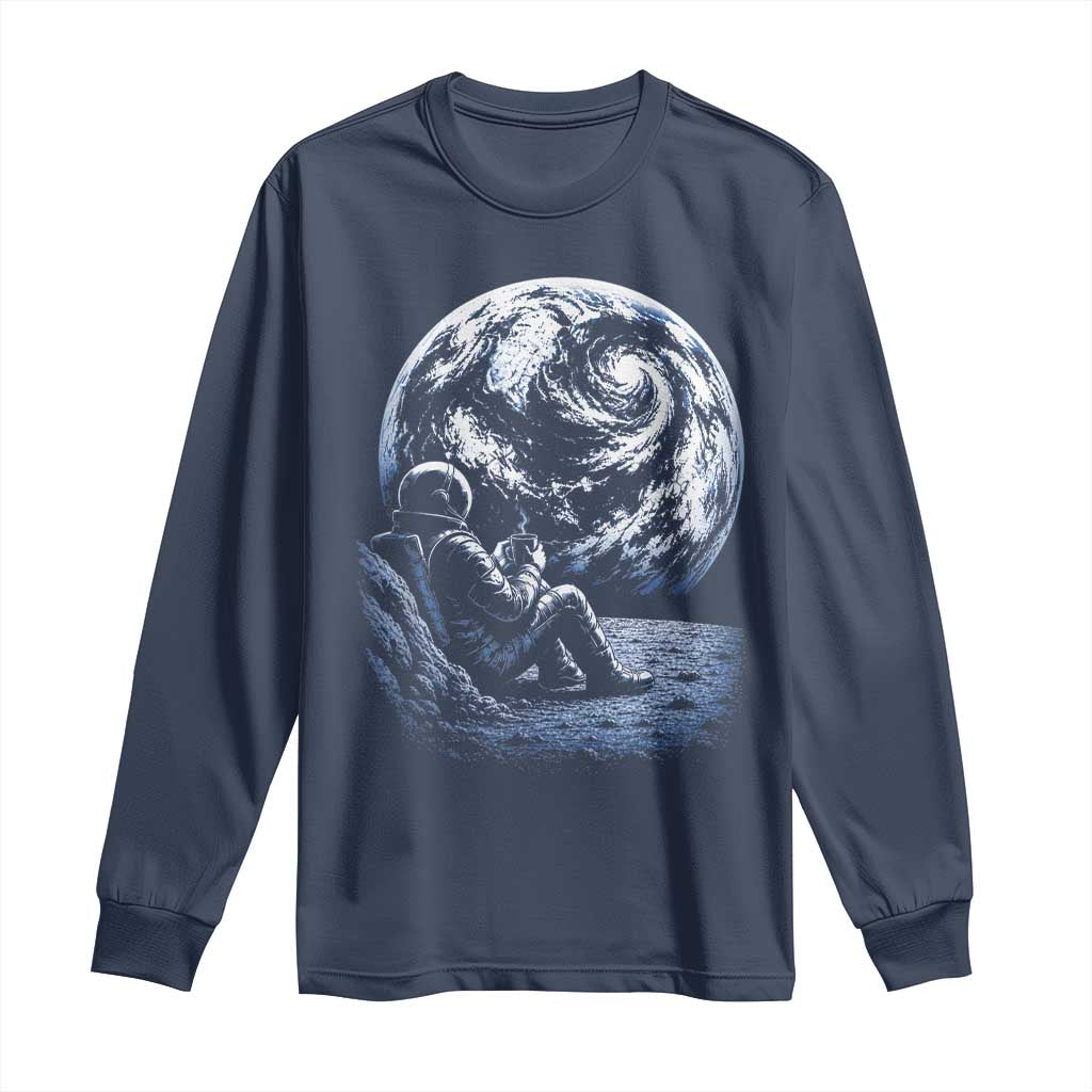 Astronaut Drinking Coffee On The Moon Graphic Long Sleeve Shirt Vintage Sci Fi Earth Horizon Space Explorer