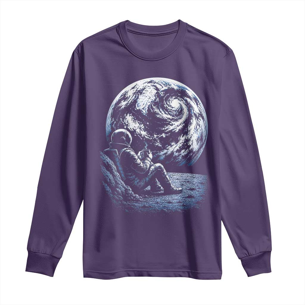 Astronaut Drinking Coffee On The Moon Graphic Long Sleeve Shirt Vintage Sci Fi Earth Horizon Space Explorer