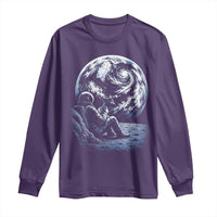 Astronaut Drinking Coffee On The Moon Graphic Long Sleeve Shirt Vintage Sci Fi Earth Horizon Space Explorer