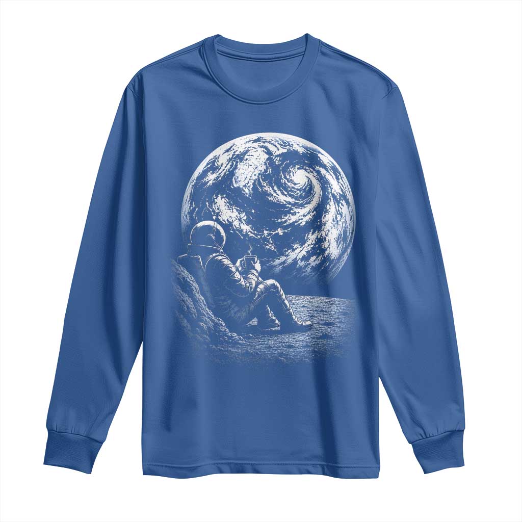 Astronaut Drinking Coffee On The Moon Graphic Long Sleeve Shirt Vintage Sci Fi Earth Horizon Space Explorer