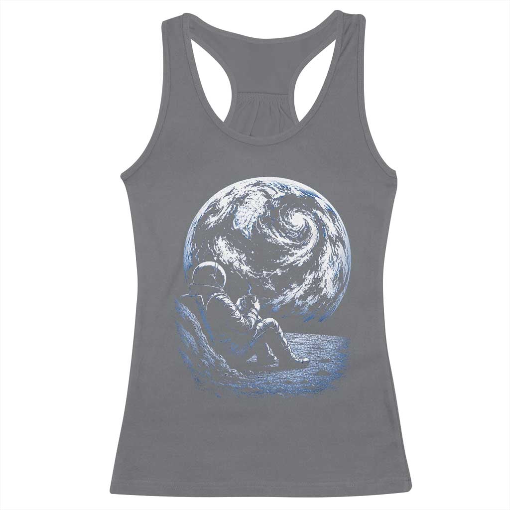Astronaut Drinking Coffee On The Moon Graphic Racerback Tank Top Vintage Sci Fi Earth Horizon Space Explorer