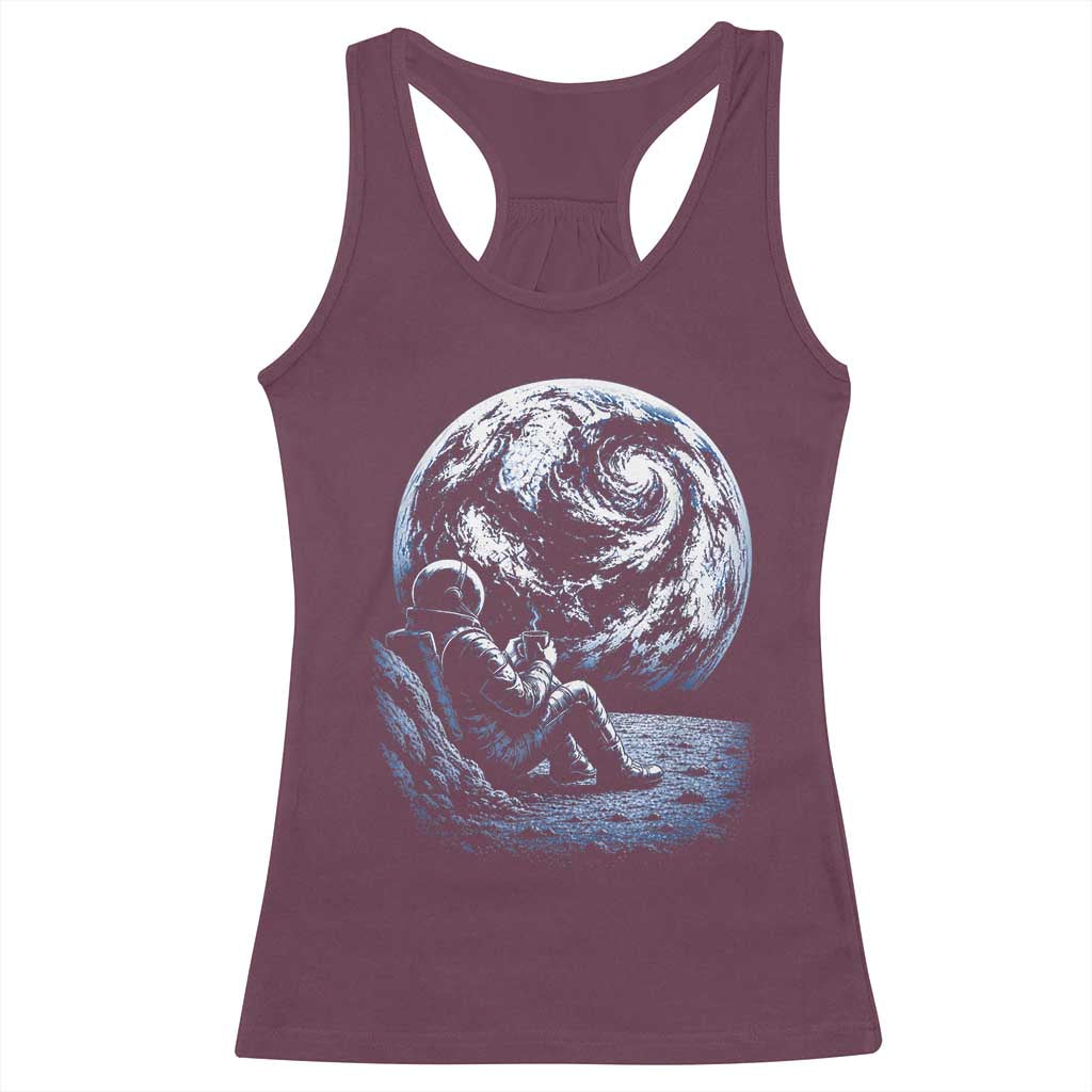 Astronaut Drinking Coffee On The Moon Graphic Racerback Tank Top Vintage Sci Fi Earth Horizon Space Explorer
