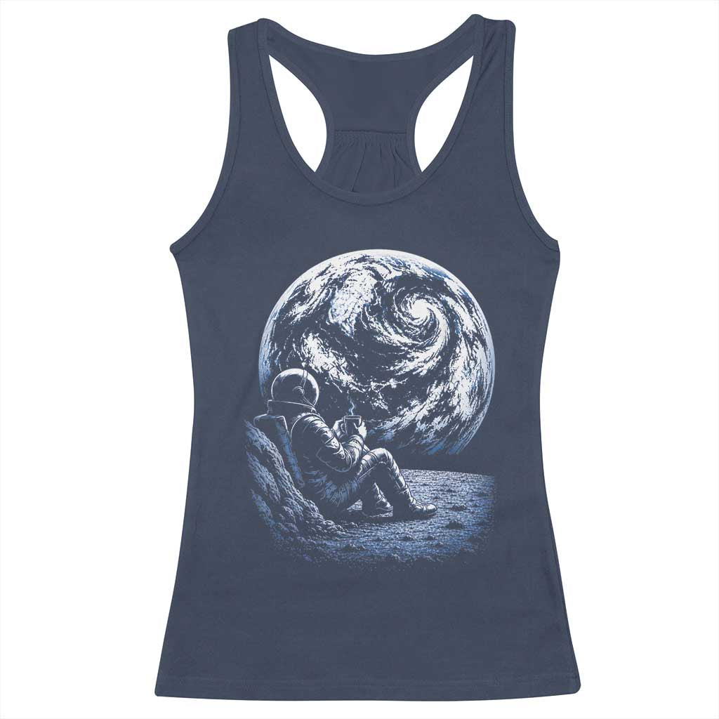 Astronaut Drinking Coffee On The Moon Graphic Racerback Tank Top Vintage Sci Fi Earth Horizon Space Explorer
