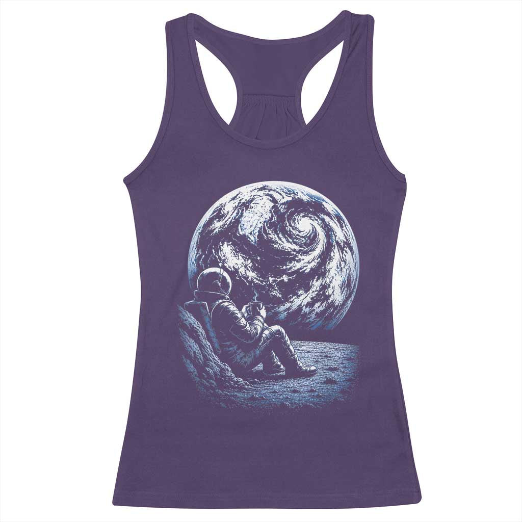 Astronaut Drinking Coffee On The Moon Graphic Racerback Tank Top Vintage Sci Fi Earth Horizon Space Explorer