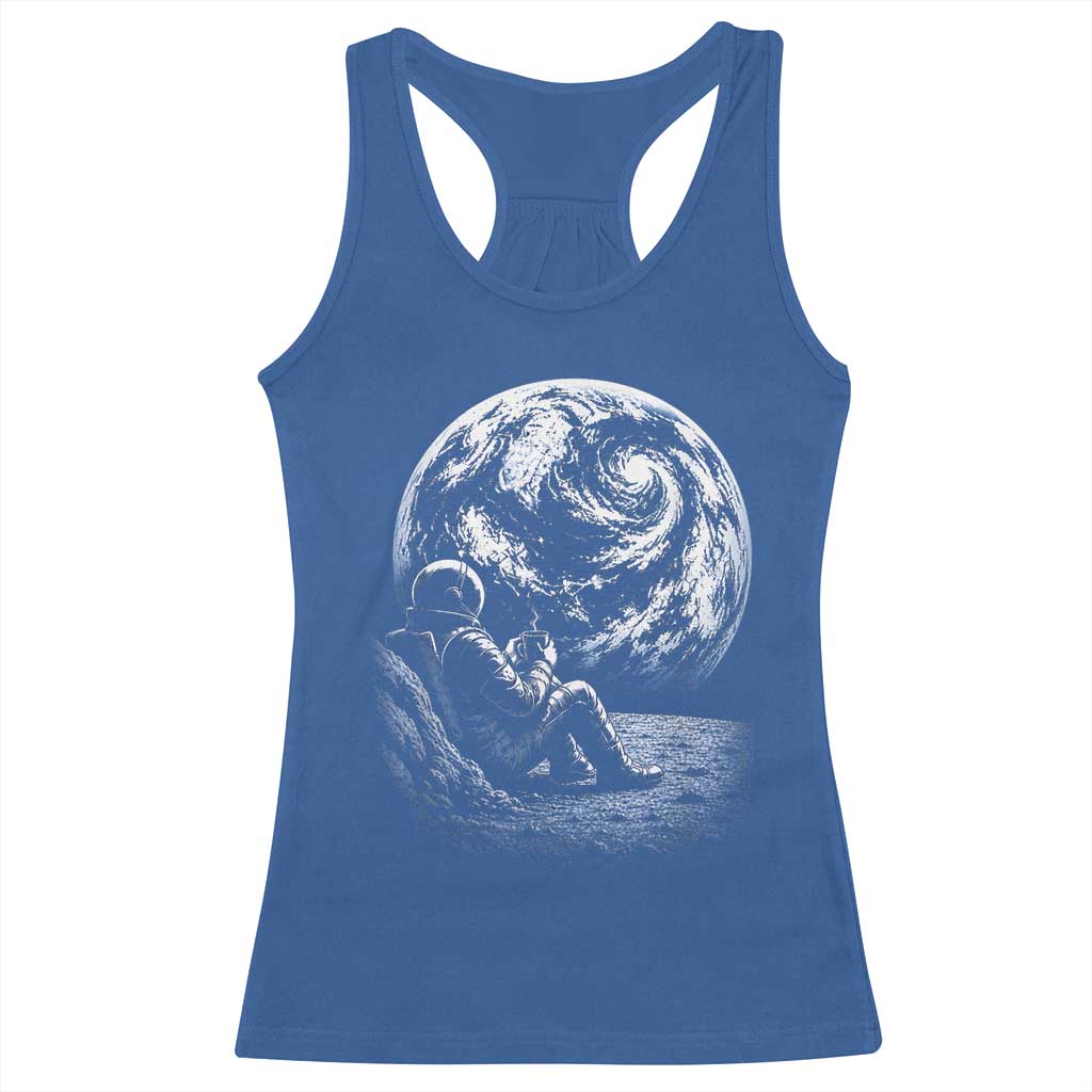 Astronaut Drinking Coffee On The Moon Graphic Racerback Tank Top Vintage Sci Fi Earth Horizon Space Explorer
