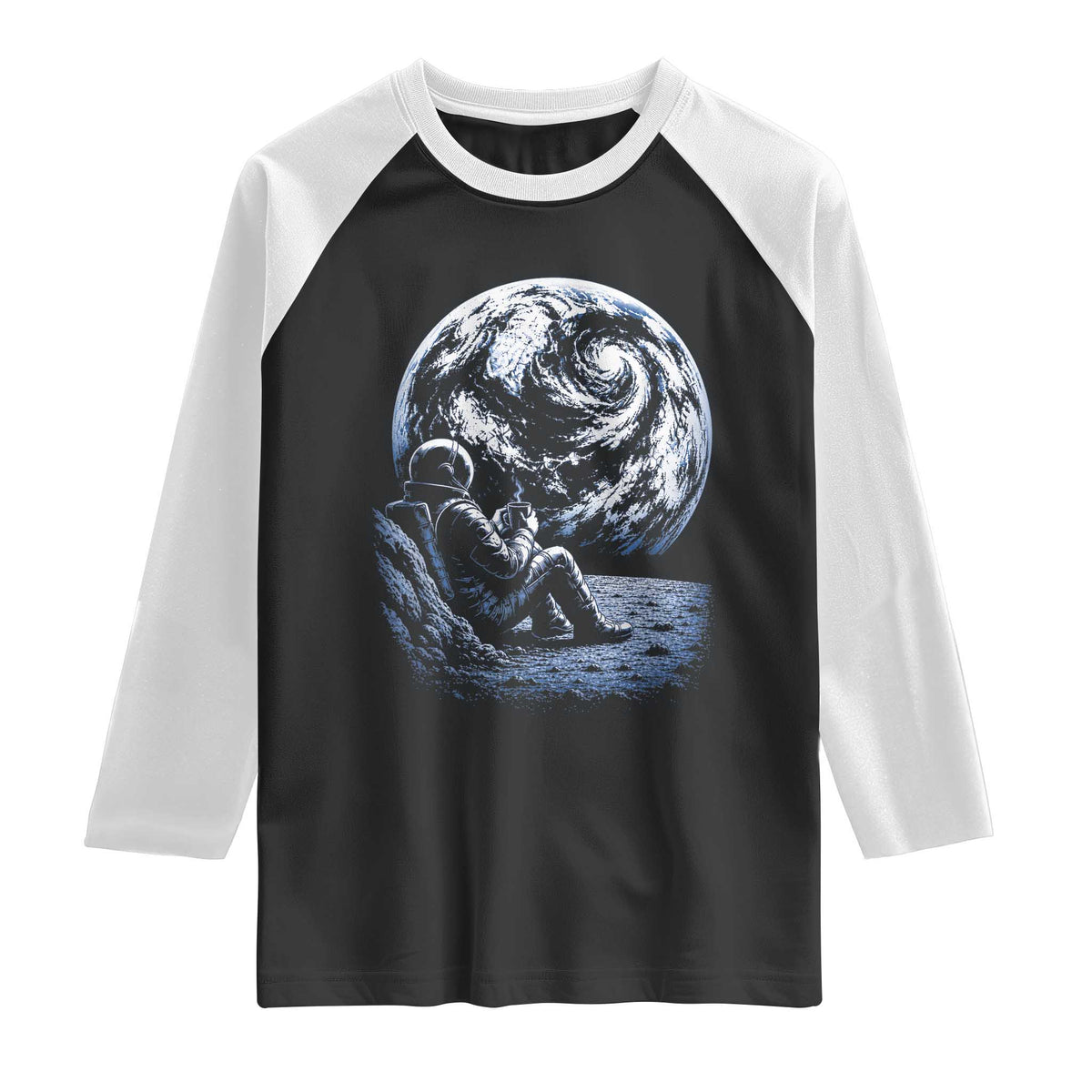 Astronaut Drinking Coffee On The Moon Graphic Raglan Shirt Vintage Sci Fi Earth Horizon Space Explorer