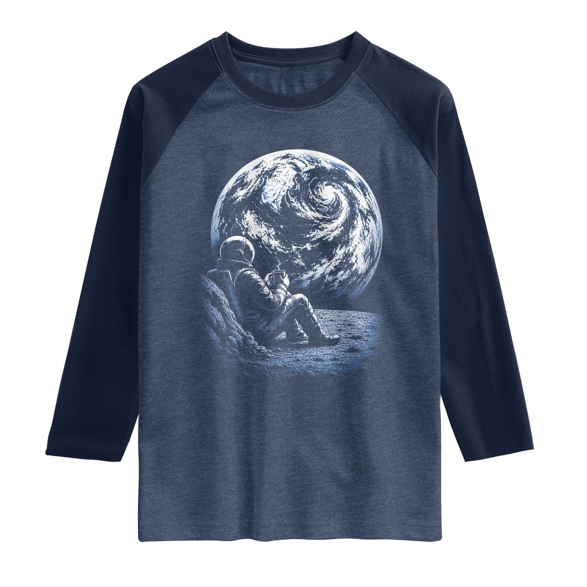 Astronaut Drinking Coffee On The Moon Graphic Raglan Shirt Vintage Sci Fi Earth Horizon Space Explorer