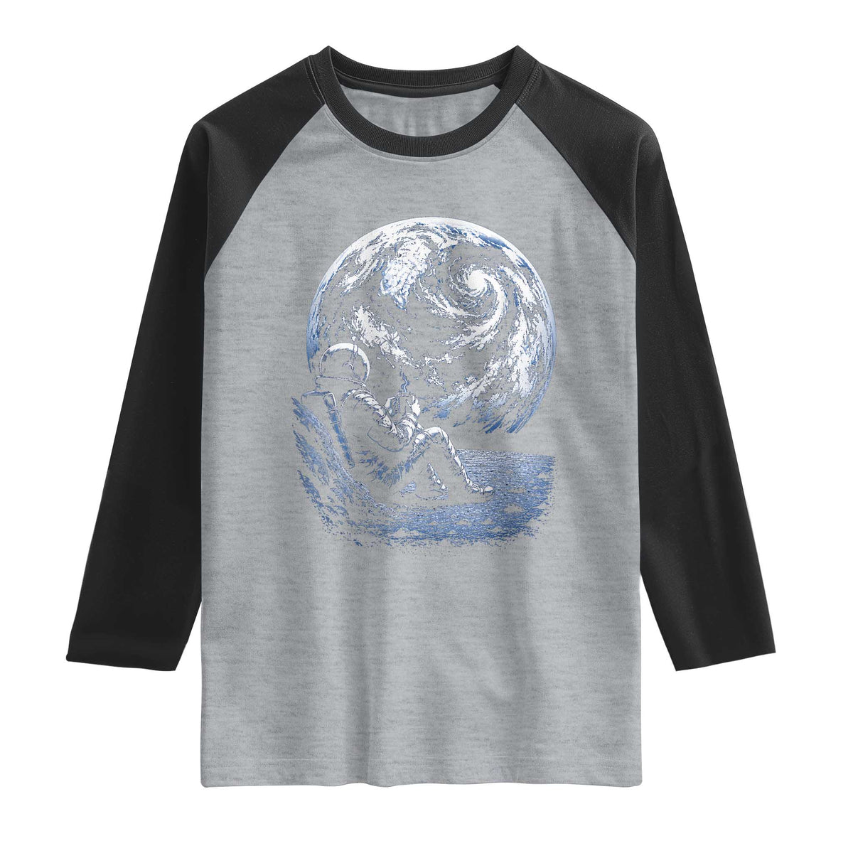 Astronaut Drinking Coffee On The Moon Graphic Raglan Shirt Vintage Sci Fi Earth Horizon Space Explorer
