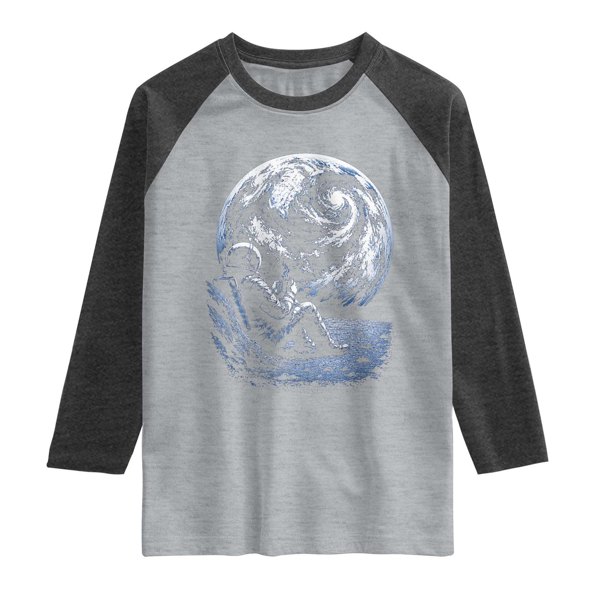 Astronaut Drinking Coffee On The Moon Graphic Raglan Shirt Vintage Sci Fi Earth Horizon Space Explorer