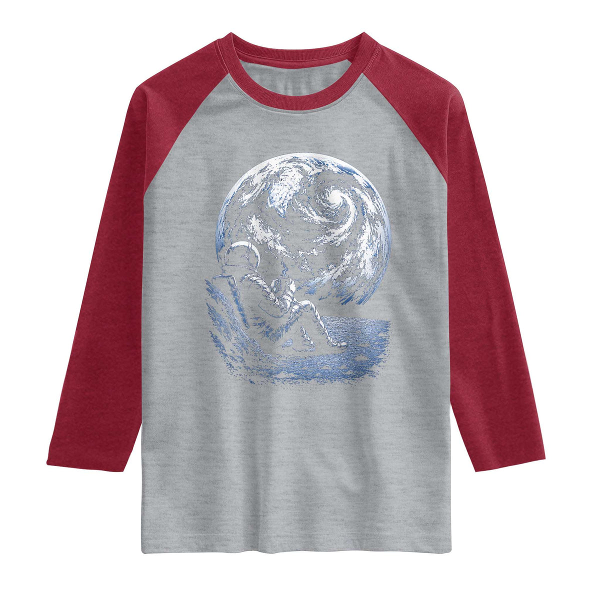 Astronaut Drinking Coffee On The Moon Graphic Raglan Shirt Vintage Sci Fi Earth Horizon Space Explorer