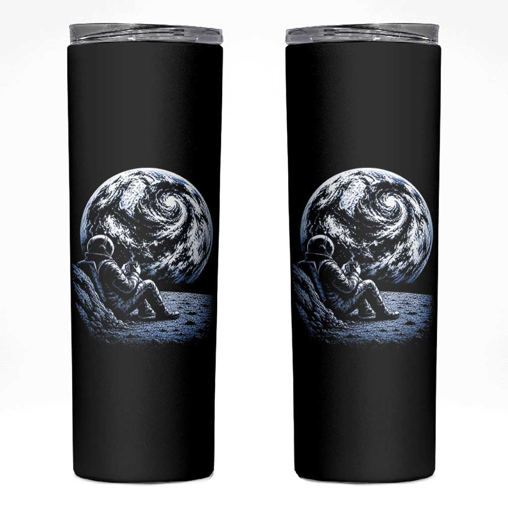 Astronaut Drinking Coffee On The Moon Graphic Skinny Tumbler Vintage Sci Fi Earth Horizon Space Explorer