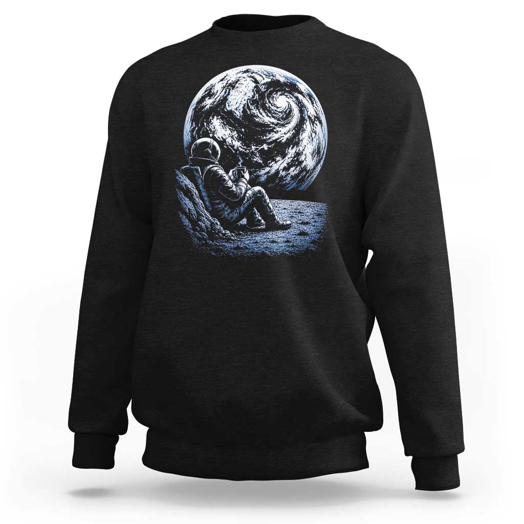 Astronaut Drinking Coffee On The Moon Graphic Sweatshirt Vintage Sci Fi Earth Horizon Space Explorer