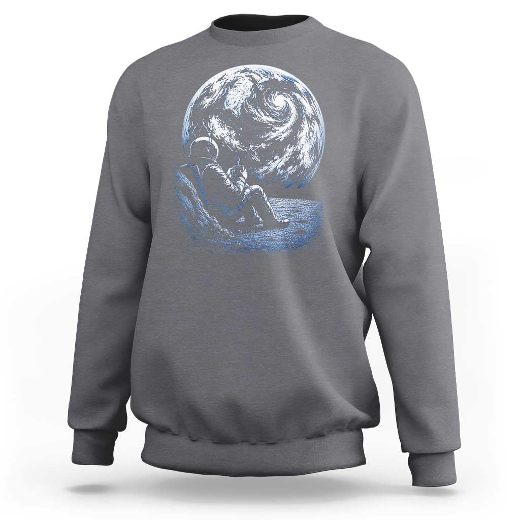 Astronaut Drinking Coffee On The Moon Graphic Sweatshirt Vintage Sci Fi Earth Horizon Space Explorer