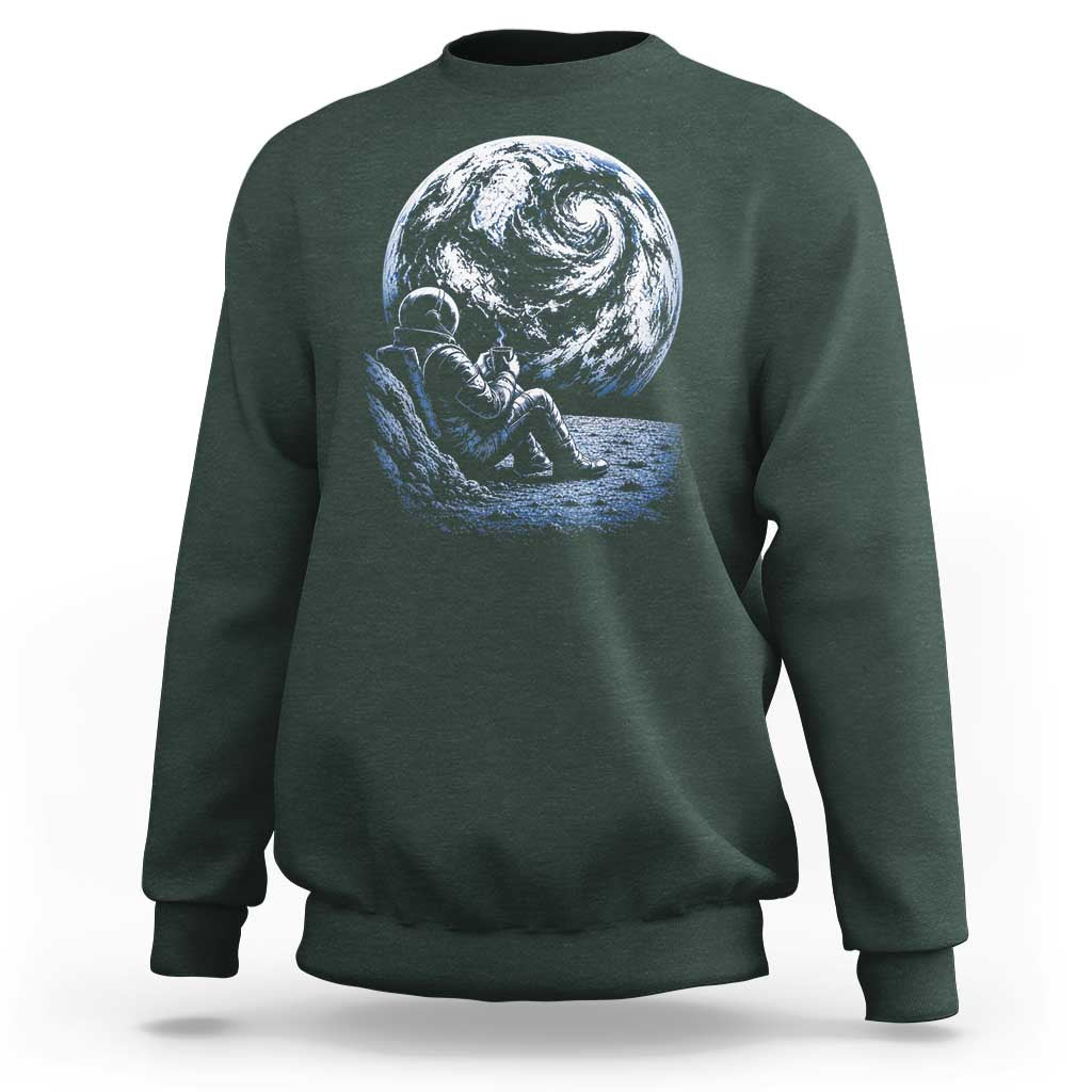 Astronaut Drinking Coffee On The Moon Graphic Sweatshirt Vintage Sci Fi Earth Horizon Space Explorer