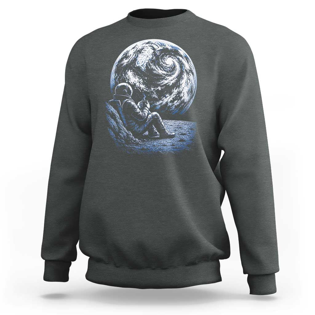 Astronaut Drinking Coffee On The Moon Graphic Sweatshirt Vintage Sci Fi Earth Horizon Space Explorer