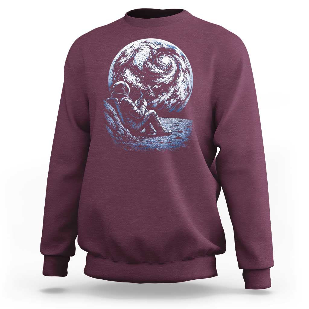 Astronaut Drinking Coffee On The Moon Graphic Sweatshirt Vintage Sci Fi Earth Horizon Space Explorer