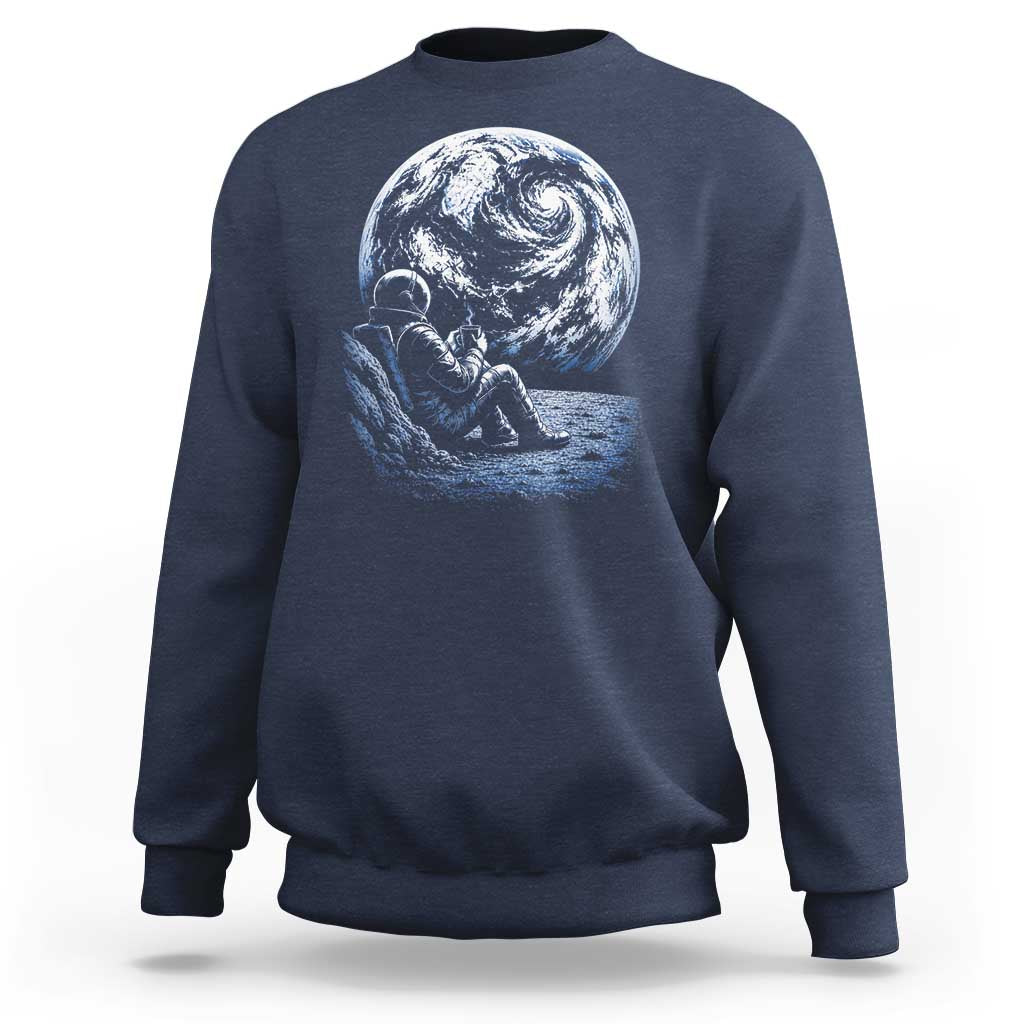 Astronaut Drinking Coffee On The Moon Graphic Sweatshirt Vintage Sci Fi Earth Horizon Space Explorer