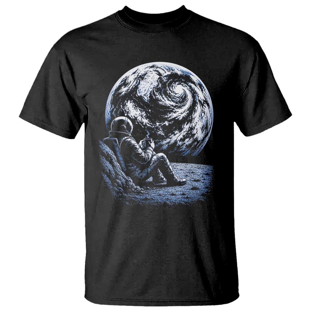 Astronaut Drinking Coffee On The Moon Graphic T Shirt Vintage Sci Fi Earth Horizon Space Explorer