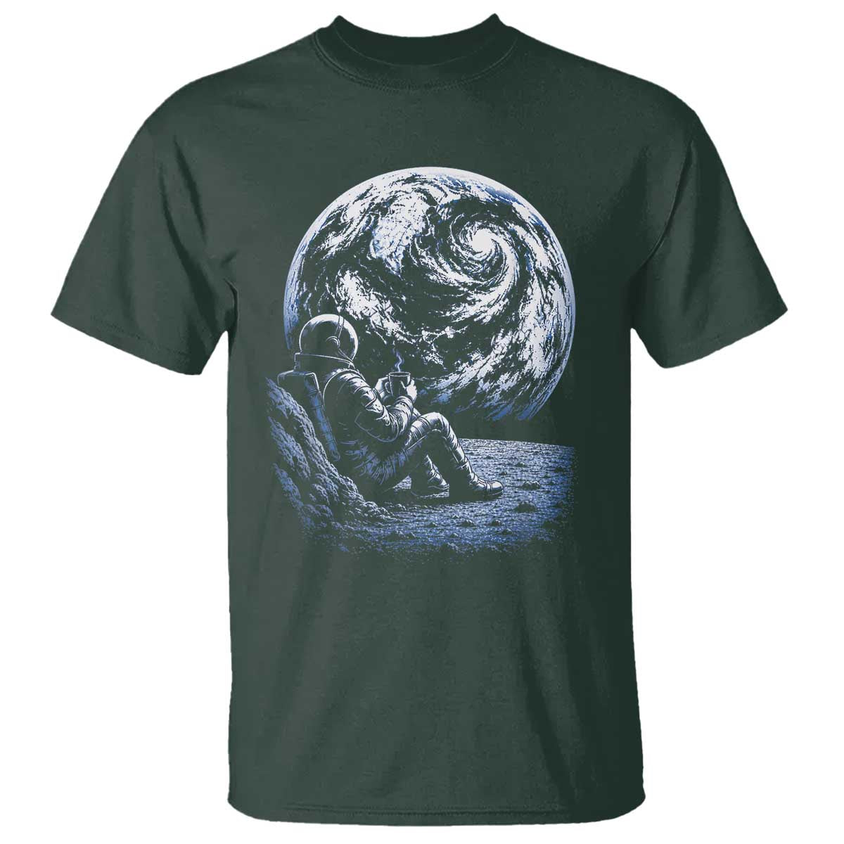 Astronaut Drinking Coffee On The Moon Graphic T Shirt Vintage Sci Fi Earth Horizon Space Explorer