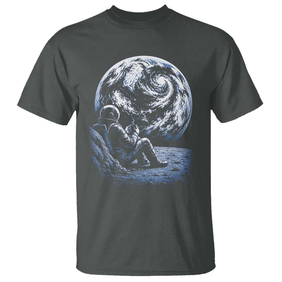 Astronaut Drinking Coffee On The Moon Graphic T Shirt Vintage Sci Fi Earth Horizon Space Explorer