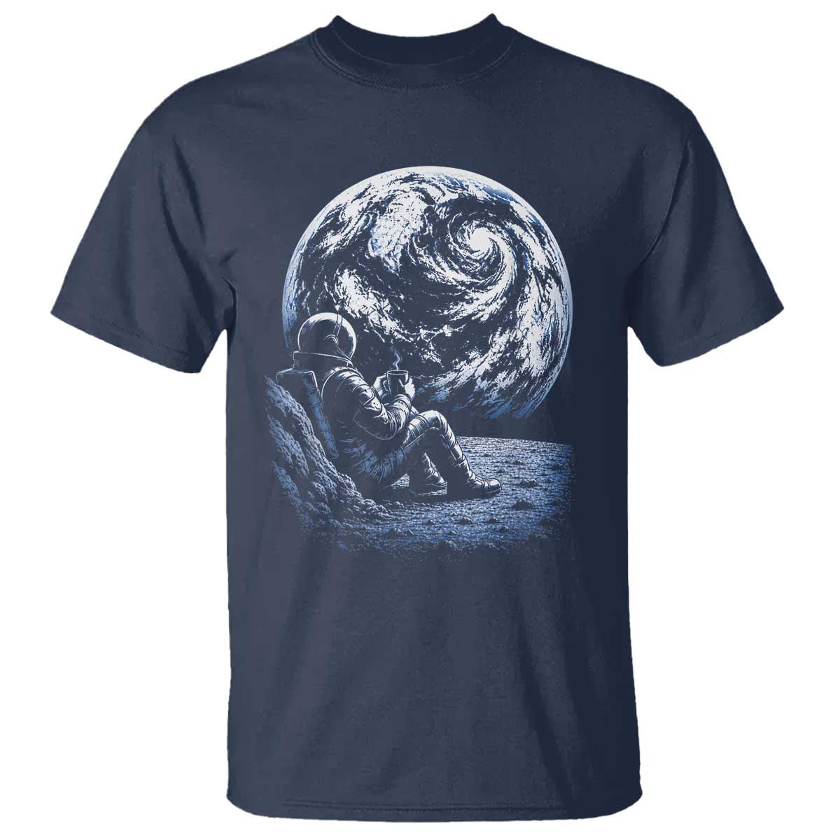 Astronaut Drinking Coffee On The Moon Graphic T Shirt Vintage Sci Fi Earth Horizon Space Explorer