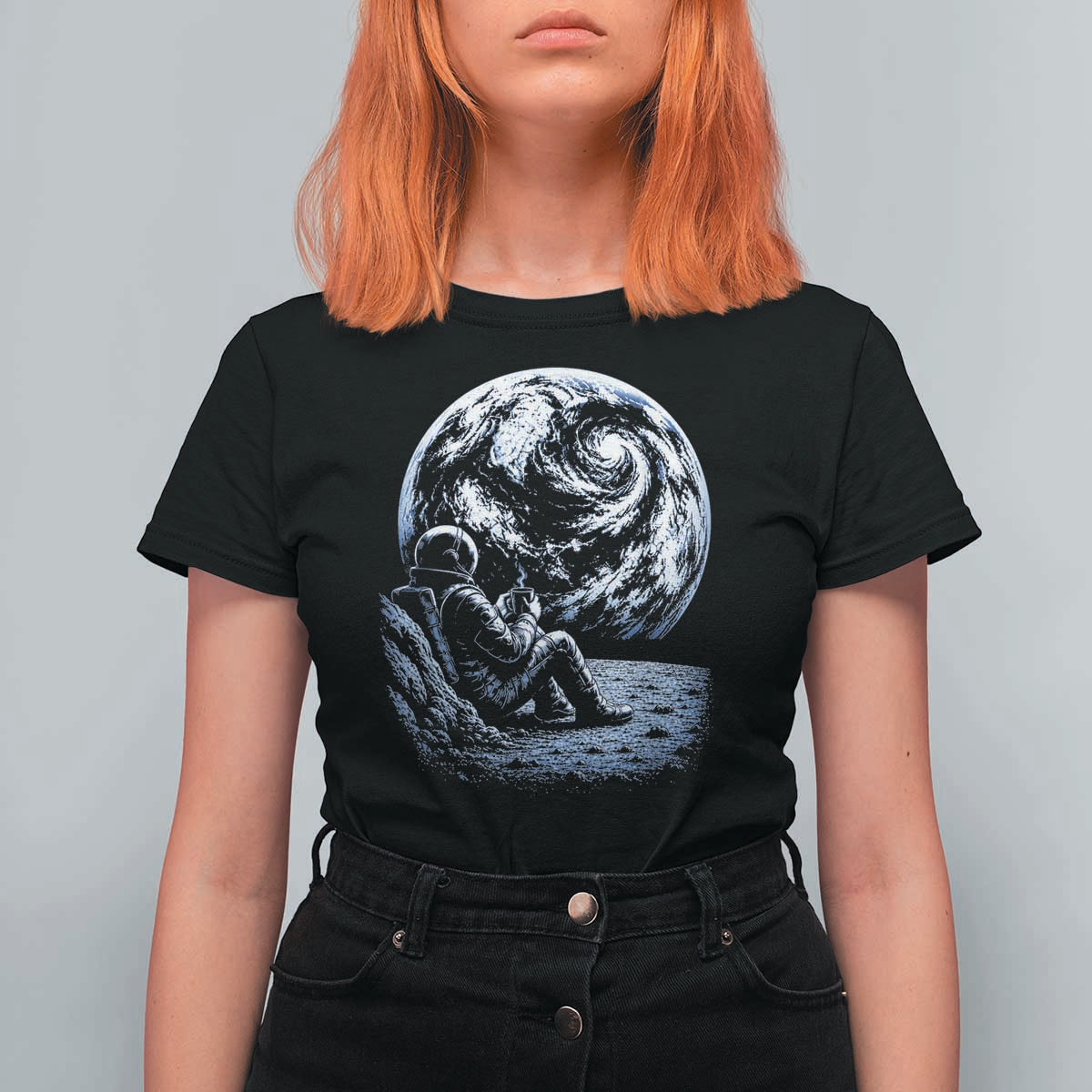 Astronaut Drinking Coffee On The Moon Graphic T Shirt For Women Vintage Sci Fi Earth Horizon Space Explorer