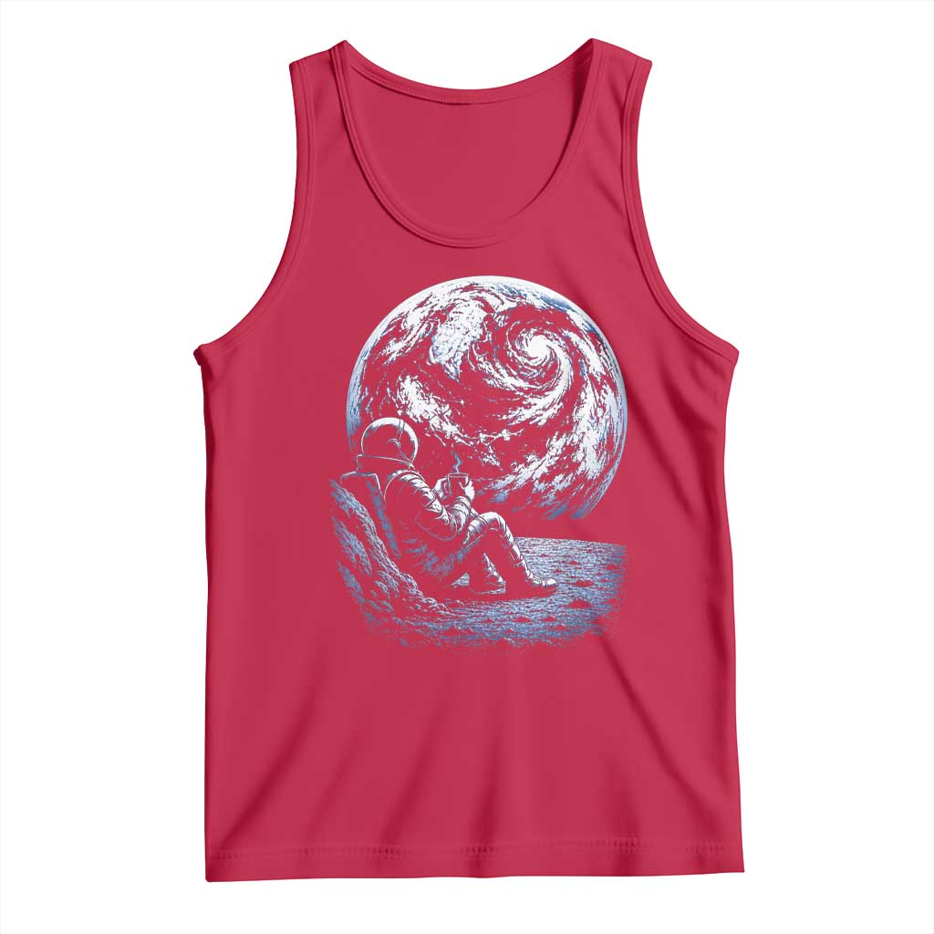 Astronaut Drinking Coffee On The Moon Graphic Tank Top Vintage Sci Fi Earth Horizon Space Explorer
