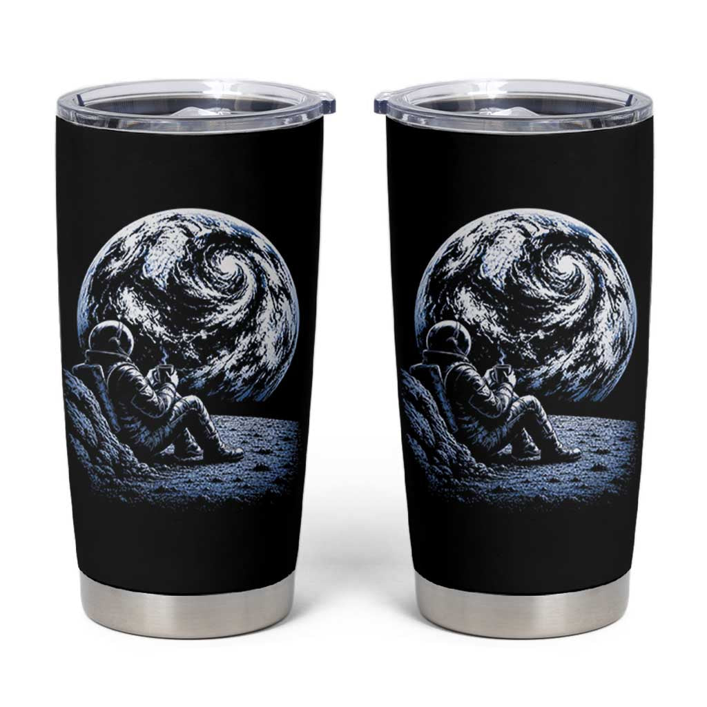 Astronaut Drinking Coffee On The Moon Graphic Tumbler Cup Vintage Sci Fi Earth Horizon Space Explorer